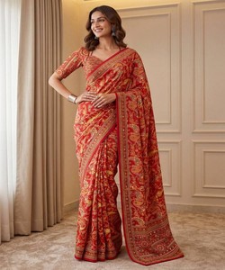 Traditional <b>Red</b> Cotton <b>Saree</b> With Print Floor-Length Sari For Women Wedding Wear India Pakistan Ethnic Style 85324 DVD ON5176 - Product Image 1