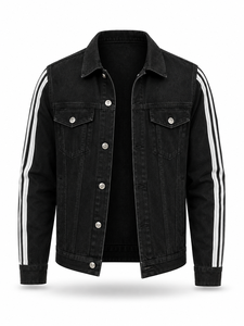 Veste en jean noire pour homme, manches à rayures blanches, fermeture boutonnée, coupe classique, style décontracté, vêtement d'automne, écologique, coupe-vent - Product Image 2