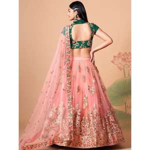 Glamour Peach Mirror Work Lehenga Choli Wedding Wear Robe en filet décorative - Product Image 3