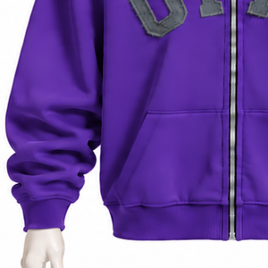Purple Mens <b>Zip</b> Up <b>Hoodie</b> Chenille Letter Patch Heavyweight Fleece Oversized Casual Streetwear Sweatshirt with Kangaroo <b>Pockets</b> - Product Image 6
