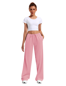 Pantalones Deportivos de Cintura Alta y Pierna Ancha para Mujer, Color Sólido, con Cordón, Corte Holgado, Largos, Casuales, Verdes, 100% Algodón Tejido - Product Image 3