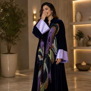 Luxury Elegant Navy Blue Velvet <b>Kaftan</b> Multicolor <b>Sequin</b> Embroidery | Designer Open Front Islamic Abaya Floor Length Long Sleeve - Product Image 3