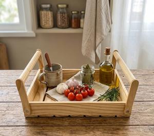 Rustic Pine <b>Wood</b> Rectangular <b>Basket</b> Sturdy Handles Standing Type Easy Carrying Handmade Kitchen <b>Storage</b> Decorative Household - Product Image 4