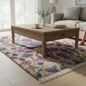 Tapis d'appoint botanique moderne vintage vieilli - Tapis floral magenta et vert sarcelle avec franges, effet soyeux or champagne - Product Image 1