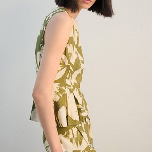 Womens Floral Peplum Tank Top Boat Neck Sleeveless Olive Green Cotton Linen <b>Summer</b> <b>Blouse</b> Apparel Manufacturer - Product Image 2