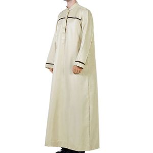 Cream Black Piping Detail <b>Thobe</b> Pure Cotton Smooth Texture Breathable Daily Islamic Traditional Wear <b>Men</b> Thobes - Product Image 2