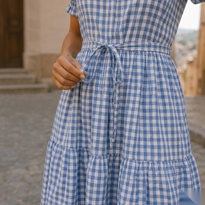 Robe courte à manches bouffantes en gingham bleu, col carré, coupe trapèze, robe d'été décontractée, respirante, en coton et polyester, motif tissé à carreaux - Product Image 6