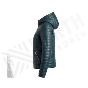 Veste matelassée à capuche en cuir véritable, manches longues, vêtement d'extérieur d'hiver, rembourrage en polyester, fermeture éclair, couleur unie - Product Image 4