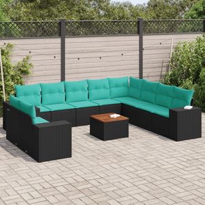 Juego de sofás de patio de ratán sintético negro con cojines, 11 piezas, muebles de jardín para exteriores, diseño contemporáneo - Product Image 1