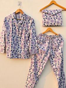 Hand Block <b>Print</b> Cotton Pajama <b>Set</b>: Indian Floral Nightwear - Product Image 5