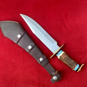 Cuchillo de Caza de Hoja Fija de Acero de Damasco con Punta Biselada, Mango de Cuerno de Ciervo y Funda de Cuero, 14 Pulgadas de Longitud Total - Product Image 2