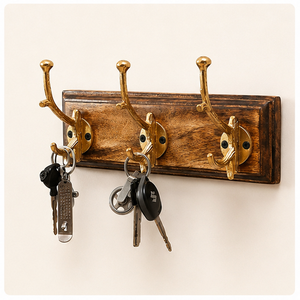 Perchero de pared artesanal de latón antiguo con 3 ganchos y base de madera maciza de mango, colgador decorativo para ropa, ideal para hoteles y baños. - Product Image 6