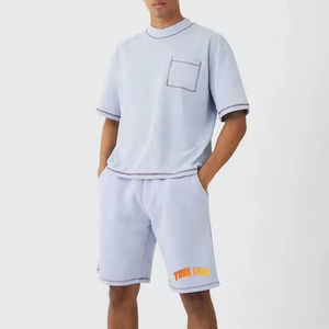 Conjunto de Verano para Hombre, Transpirable, Informal, Sólido, ODM de 2 Piezas con Logotipo Personalizado, Camiseta de Cuello Redondo de Algodón Tejido y Pantalones Cortos - Product Image 1
