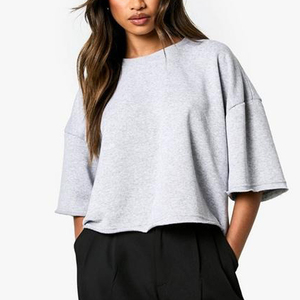 T-shirt crop top oversize de haute qualité pour femme, décontracté, à épaules tombantes, col rond, couleur unie, coupe ample, style streetwear - Product Image 4