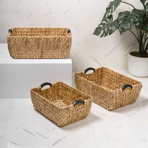 Farmhouse Handwoven Eco-Friendly Water Hyacinth Nesting Storage <b>Baskets</b> Wood <b>Handles</b> Bohemian Rustic Style Multifunction <b>Basket</b> - Product Image 6