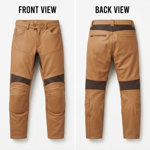 <b>Mens</b> Genuine <b>Leather</b> Straight High Waist Motorcycle <b>Pants</b> 850 Gsm Tan Brown Dark Accordion Flex Knee Panels Custom Debossed logo - Product Image 1