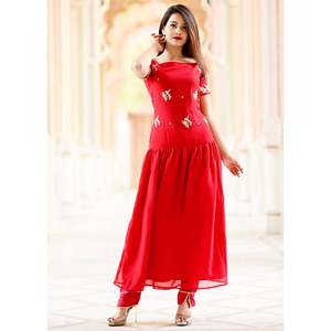 Conjunto de Kurta de Chifón Gherdaar de Manga Corta con Adornos Rojos Talla XS - Product Image 2