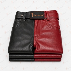 Pantalones de Cuero para Hombre Thorbeak, Diseño Color Block, Cintura Alta, Estilo Motociclista, Negro y Rojo, Cierre de Cremallera - Product Image 5