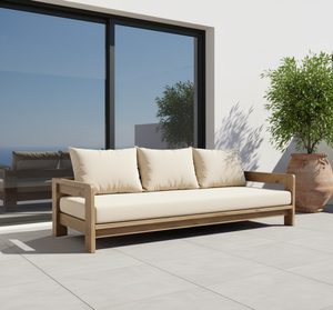 Canapé d'extérieur minimaliste Luma 2 places, résistant aux intempéries, tissu neutre, plateforme, causeuse, structure en bois massif pour terrasse moderne - Product Image 5