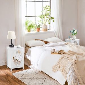 FCH White Single-Door Carved Bedside Table with Smoked Mirror and Spray Paint 2pcs 38*33*60cm Density Board Nightstands - Product Image 6