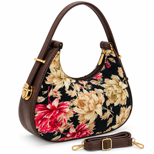 Sac Hobo Bohème Imprimé Floral pour Femme, Noir, Rouge, Beige, Fleurs, Tissu Coton, Bandoulière Réglable, Logo, Quincaillerie Dorée, Tout Inclus - Product Image 1