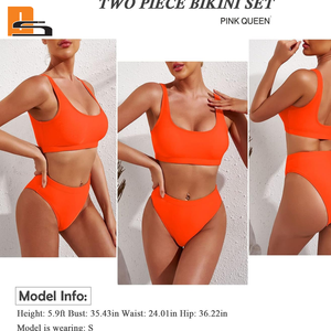 Women Orange Two Piece Bikini <b>Set</b> <b>Square</b> Neck High Waist Solid Color Swimwear Bandeau Top Stretch Fabric - Product Image 6