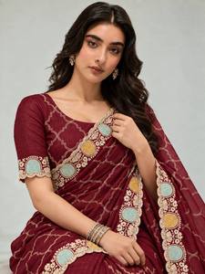 Sari largo de piel sintética estampado morado con blusa de borde floral, conjunto de secado rápido para fiestas y bodas étnicas para mujer - Product Image 5