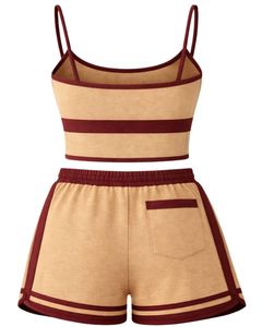 Beige Red Women Camisole And Shorts <b>Set</b> Summer Two Piece Outfit Cotton Blend Crop Top Cherry Print Drawstring Shorts Casual - Product Image 2
