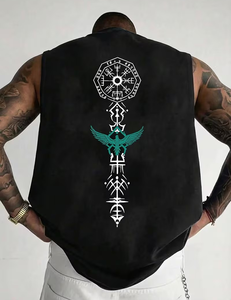 Men's Black Sleeveless Tank Top Geometric Viking Rune Print O-Neck Casual Cotton Front Knitted Style - Product Image 5