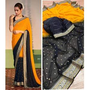 Sari de Diseño con Bordado de Encaje y Lentejuelas Georgette con Blusa Sin Coser Amarillo - Product Image 1