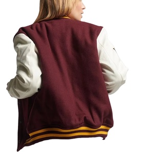 Veste universitaire unisexe en laine et polyester, couleur bordeaux avec manches blanches, style preppy, col rabattu, fermeture éclair, pour l'automne - Product Image 1