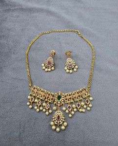 Handcrafted Brass Base AD Stone <b>Pearl</b> Cluster Work Choker <b>Set</b> Festive Traditional Indian Bridal Necklace <b>Set</b> <b>Jewelry</b> Collections - Product Image 3