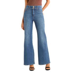 Pantalon évasé ample pour femme en jean de coton de haute qualité, taille haute, coupe large, bleu délavé vintage - Product Image 1