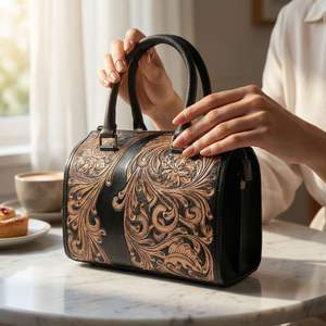 Sac de voyage de luxe en cuir véritable 100% fait main, motif floral sculpté, style western, pour le sport et les week-ends - Product Image 3