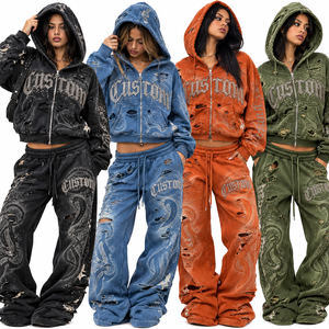 Ensembles survêtement homme en coton épais effet vieilli, coupe oversize, avec strass, style streetwear tendance, OEM - Product Image 3