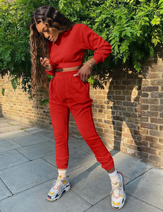 Women's <b>Red</b> Knitted 2-Piece Set Crew Neck <b>Crop</b> <b>Top</b> Ankle Length Pants Casual Tracksuit Regular Fit All Seasons 100% Cotton - Product Image 5