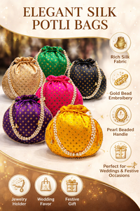 Bolsas de Seda Premium con Diseño de Tejido Dorado y Asa con Cuentas de Perlas, Bolsas Étnicas para Recuerdos de Boda - Product Image 6