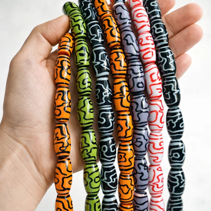 Perles ovales multicolores vibrantes en verre soufflé et tubes de verre |   Collier de bijoux DIY avec motif tribal brillant 12x28mm, fournitures créatives pour l'artisanat - Product Image 6