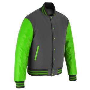Chaqueta Varsity de Forro Polar Gris Oscuro para Hombre 2025 con Mangas y Ribetes de Cuero Verde, Cuello Alto, Abrigo de Invierno Ecológico y Resistente al Viento - Product Image 5