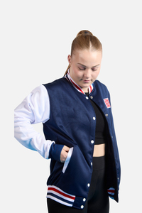 Veste universitaire bleue personnalisée pour femme, col montant côtelé, veste de baseball pour femme, veste Letterman pour femme - Product Image 2