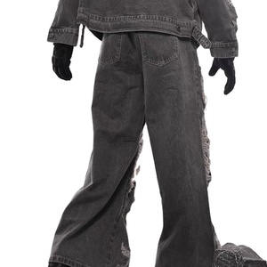 Pantalones anchos de mezclilla lavada para hombre, de cintura alta, rasgados, estilo punk, de algodón tejido, informales, holgados, para otoño - Product Image 2