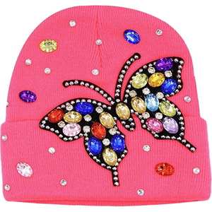 Bonnet en tricot côtelé noir clouté de cristaux, doux et chaud, unisexe, avec logo personnalisé, style casquette de motard, perle, vente en gros - Product Image 1