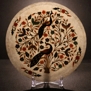 Panneau décoratif mural rond en marbre incrusté de pierres, motif floral paon - Product Image 1