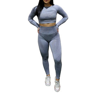 Conjunto Deportivo Personalizado para Mujer, Top Corto Sin Costuras de Manga Larga y Leggings de Cintura Alta, Bloques de Color, Compresión, Yoga, Gimnasio, Ropa Deportiva - Product Image 5