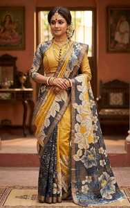 Sari Tradicional Indio de Seda Tassar con Estampado Floral Digital, Amarillo, para Bodas, Largo hasta el Suelo, Corte Regular - Product Image 1