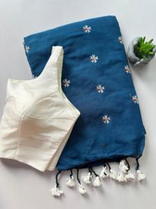 Premium Khadi Cotton Embroidered <b>Saree</b> With Plain Bollywood <b>Blouse</b> Traditional Ethnic Wear Women Collection - Product Image 5