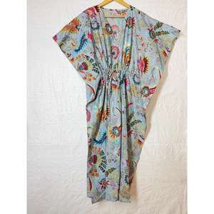 Caftán de Playa de Algodón con Estampado Tropical, Cintura Ajustable, Vestido Maxi Tipo Lounge, Ropa Bohemia para Vacaciones en Resort, Suministro al por Mayor - Product Image 1