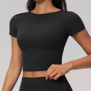 Women's Solid Color <b>Cap</b> <b>Sleeve</b> Crop <b>Top</b> T-Shirt O-Neck Quick Dry Spandex Polyester T-Shirts Casual Wear Stretch Crop Tee - Product Image 5