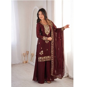 Conjunto de traje étnico de seda Fandy de lujo, el más vendido, con Kurti, Palazzo y Dupatta a juego, con lentejuelas bordadas de 3 mm, en venta. - Product Image 1
