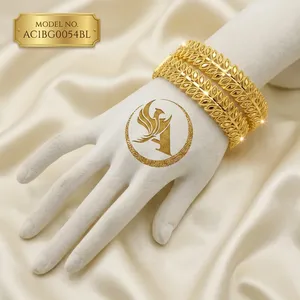 New Design Trendy Leaf Pattern24K Gold Plated Brass African Bridal <b>Bangle</b> for Women Wedding - Product Image 1